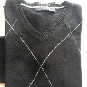 Nautica Men Crew Neck Sweater XL Long Sleeve 100% Cotton Black Argyle
